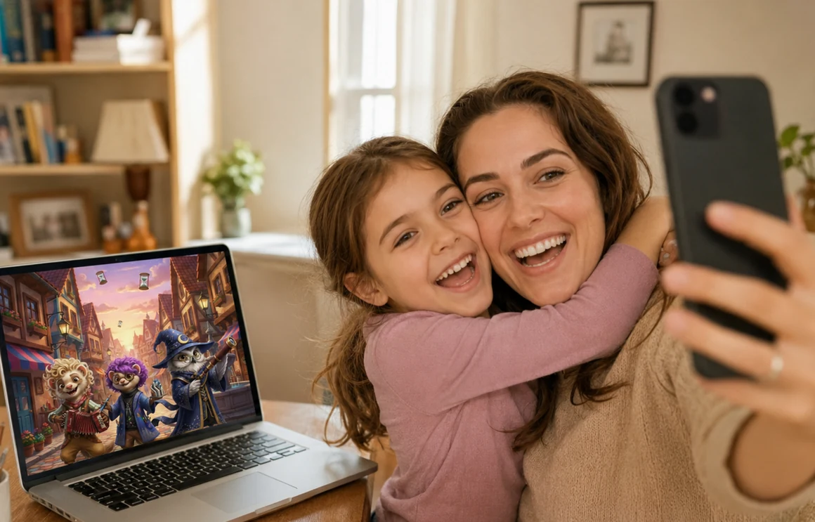 A mother and her daughter recording a selfie video while the BrainyFred animation plays on a laptop