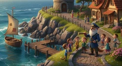 A harbour village in the Freddyverse with a lighthouse and a wooden pier
