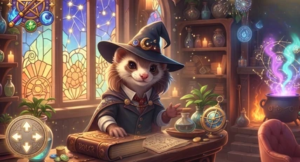 A ferret in a wizard hat brewing a potion in a colourful study