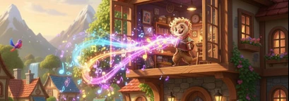A scene from the BrainyFred world: a ferret casting sparkling magic over a village street